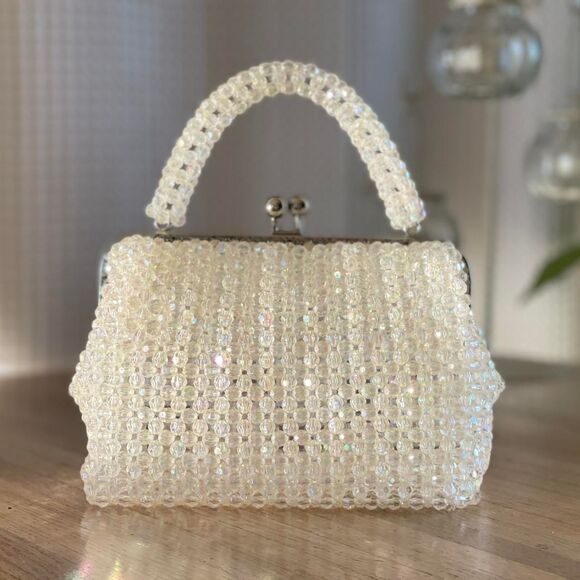 Handmade Acrylic Beaded Top Handle Purse Kiss Lock Closure Sparkly Evening Bag - Picture 4 of 8